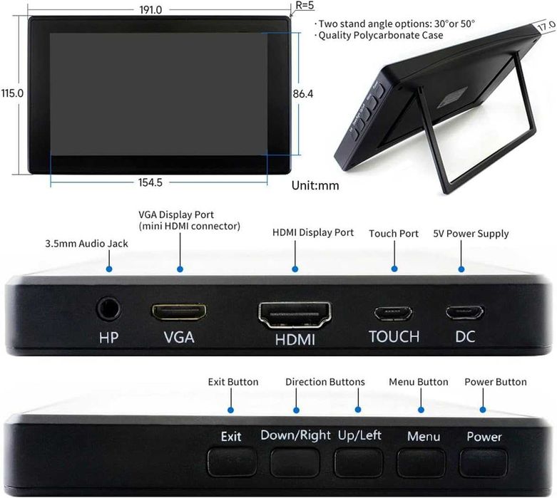 Display Waveshare 7 inch IPS Ecran Tactil Capacitiv 1024x600 Sticla 6H HDMI Audio Monitor Portabil Raspberry Pi Jetson Windows Carcasa Produs Nou