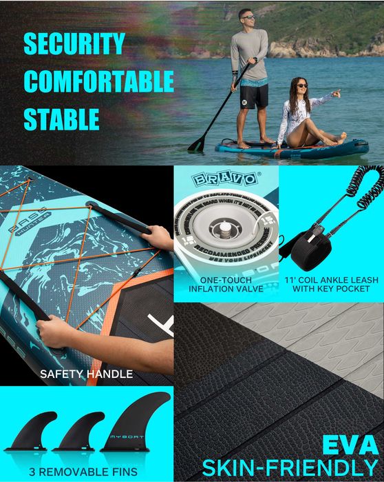 Нов, висок клас, широк 350 СМ надуваем падъл борд all-round SUP MYBOAT MY02 (Bass Hunter PRO) в тюркоазено-черен дизайн.