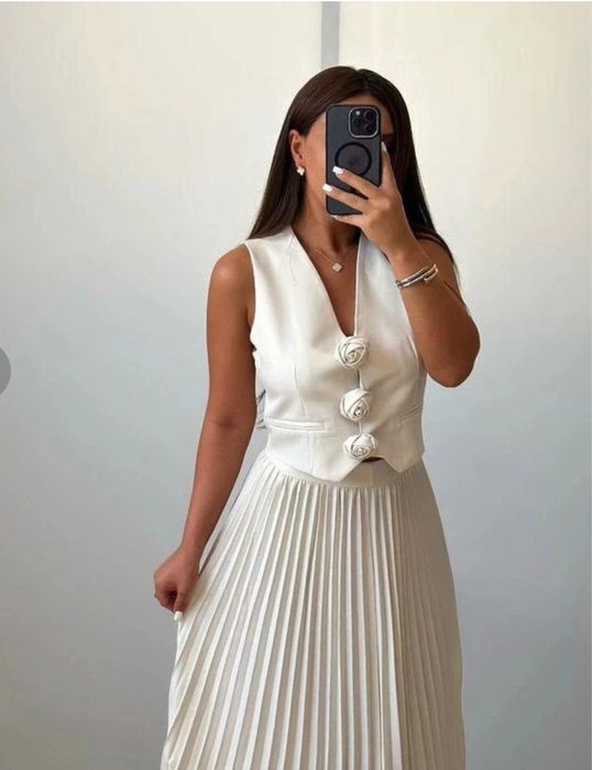 Set 2 piese fustă plisată vesta cu flori