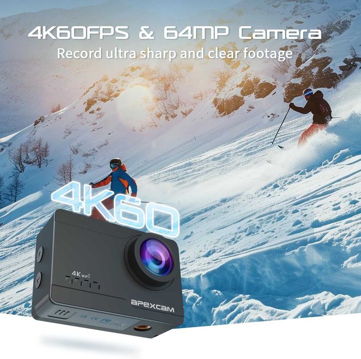 Apexcam M90 Екшън камера с 64GB карта, 4K, 60FPS, 64MP WiFi, EIS стабилизация на изображението