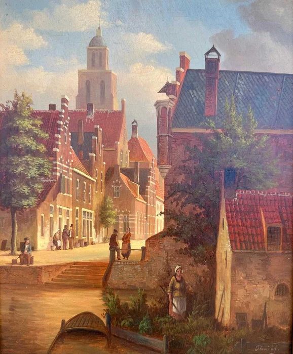 Continental school : Figures by steps along a canal, oil on panel