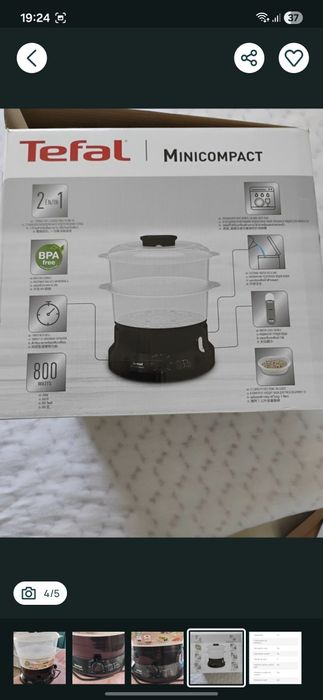 Aparat de gatit cu aburi TEFAL MiniCompact VC139810, 2 cosuri, 6l, 8