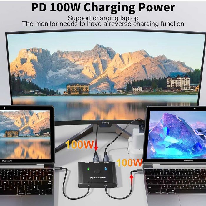 Switch USB-C 2 in 1 YOUTINGHDAV Switcher 2 Laptopuri 1 Monitor 4K 120Hz Video Alt DP Transfer 10Gbps Incarcare 100W PD Telecomanda Fir Produs Nou