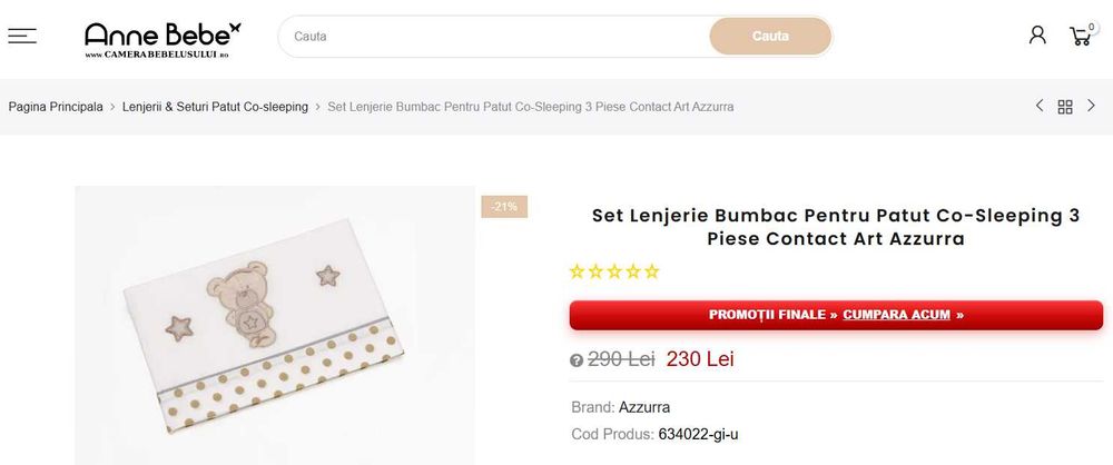 Vand patut cosleeping atasabil Anne Bebe Contact Azzurra lemn fag Italia, saltea inclusa, set protectie 4 piese bumbac si set lenjerie bumbac 3 piese