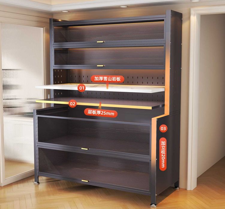 Кухонный стеллаж с откидными дверями для посуды и утвари