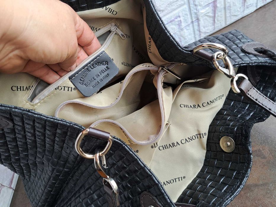 дамска чанта,Chiara Canotti,черна кожена торба-естествена кожа