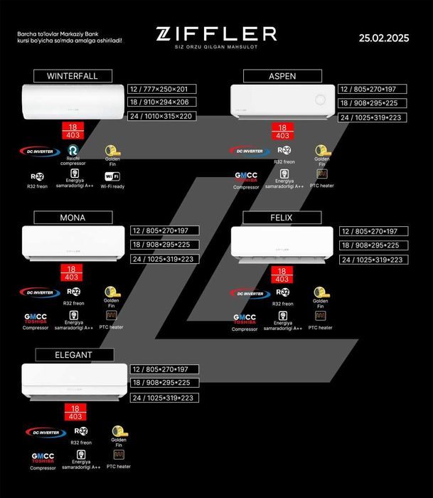 Кондиционеры ZIFFLER с инвертором Оптовые цены + гарантия + Dostavka