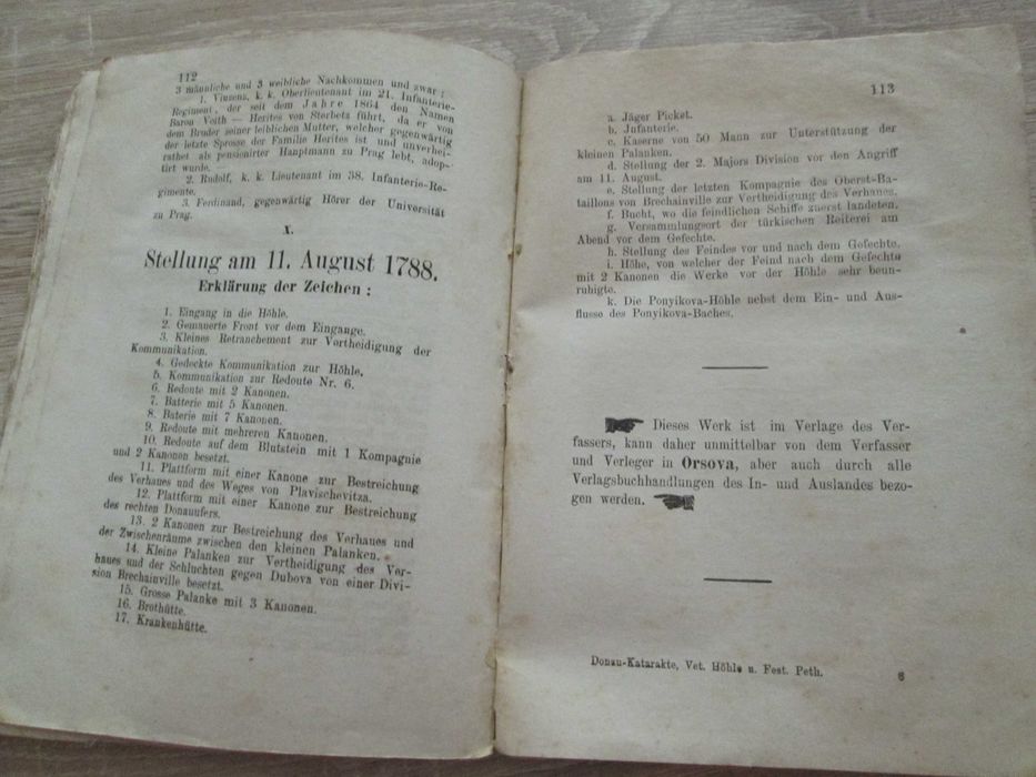 Carte veche + harta militara, Orsova 1874: Anton Boleszny, Cataracta Dunarii, Pestera Veterani si Cetatea Peth (lb. germana)