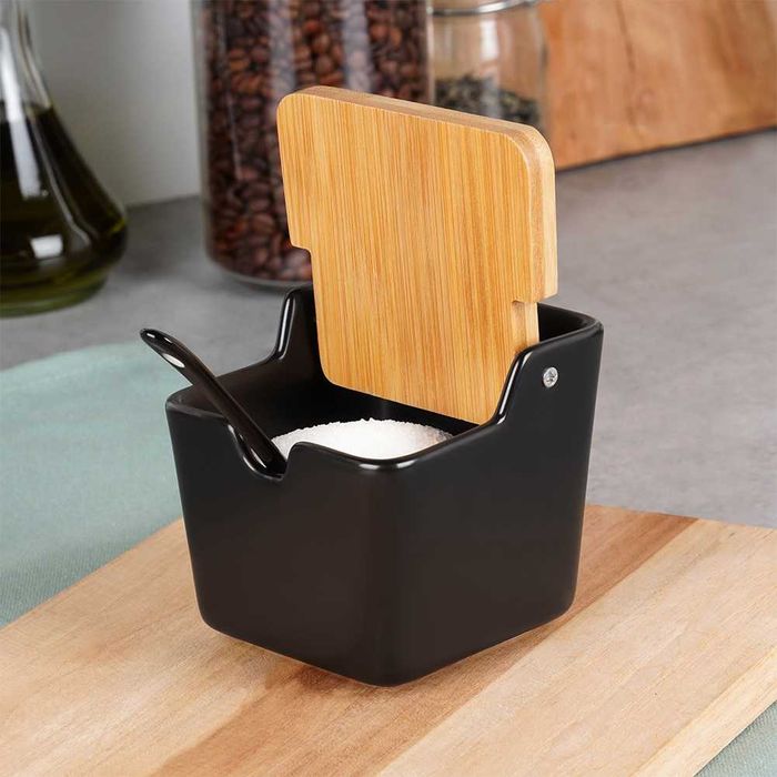 Захарница с лъжица, керамика/бамбук, черна, вместимост 250 мл