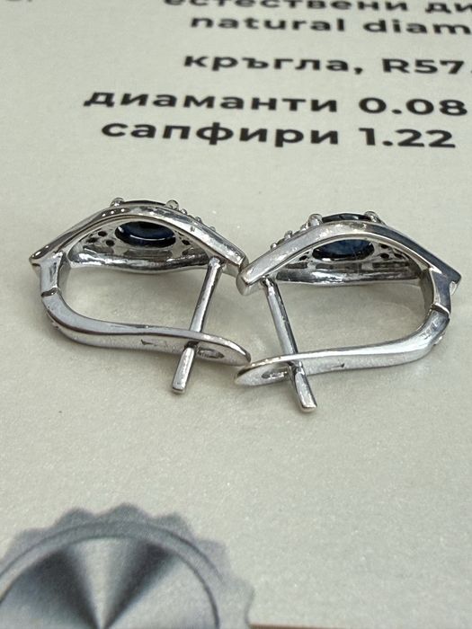 Златни обеци 14К 585 с естествени сапфири 1.22 ct и диаманти 0.08 ct – 3.60 г