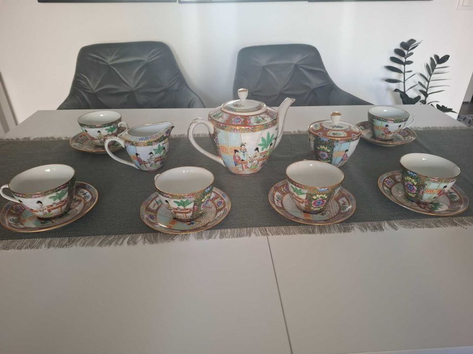 Set complet ceai porțelan chinezesc vintage – Pictat manual – 15 piese