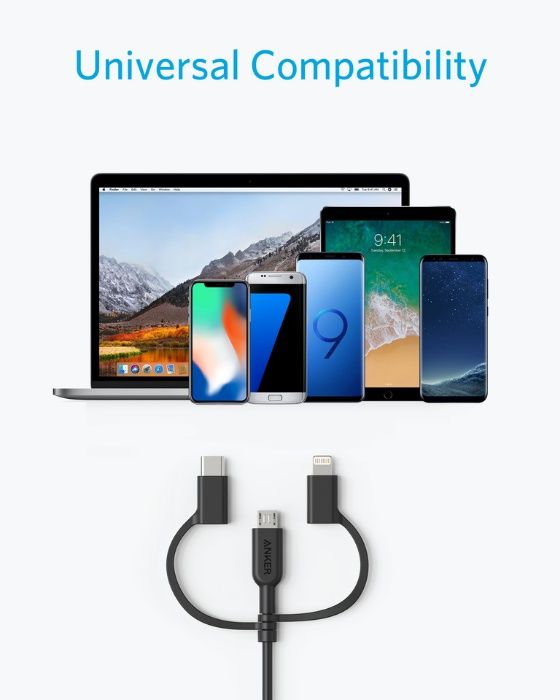 Anker Powerline II 3 in 1 USB-micro+USB-C+Lightning кабел,черен/бял