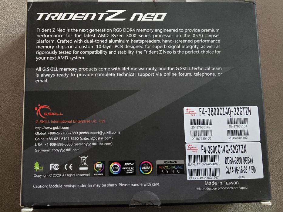 G.Skill Trident Z Neo 32GB (4x8GB) DDR4 3800MHz CL14 RGB – F4-3800C14Q