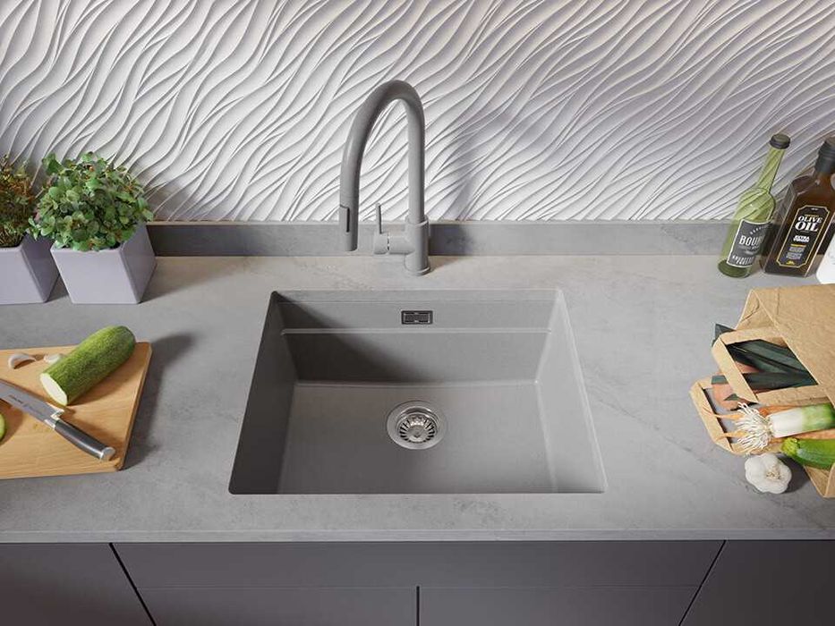 Сив кухненска мивка за вграждане под плот Прага 60 Level 560 x 470 мм