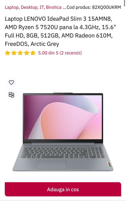 LENOVO IdeaPad Slim 3, AMD Ryzen 5 7520U, sigilat, transport inclus