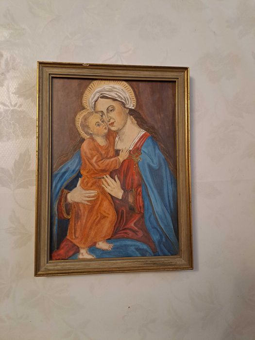 icoana Fecioara Maria cu Pruncul desen acuarele 16/21,5 cm