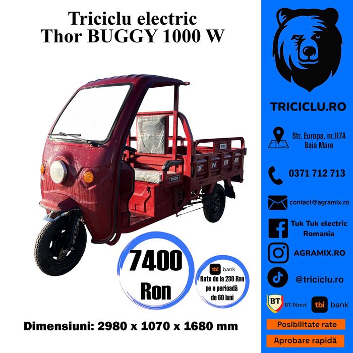Triciclu electric Tuk Tuk Thor Buggy cu cabina Agramix nou