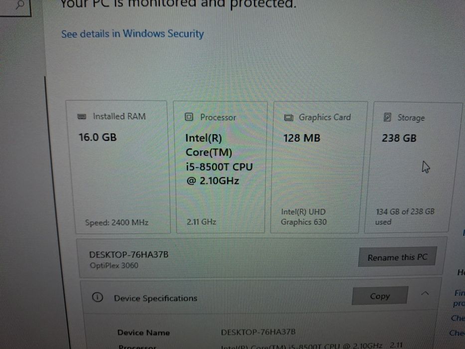 Vand optiplex 3060 i5 8th 16 ram 238gb