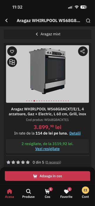 Aragaz WHIRLPOOL WS68G8ACXT/E/1, Gaz+Electric, L 60 cm, Grill, inox.