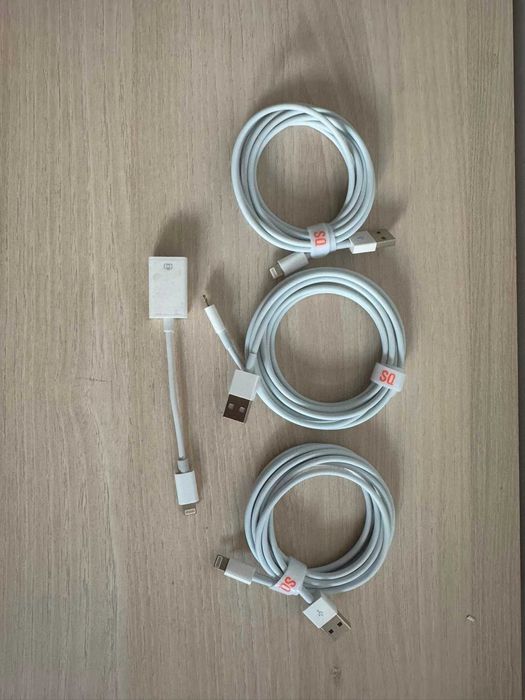 Lot 3 cabluri Lightning USB + adaptor Lightning – noi, compatibile iPhone/iPad