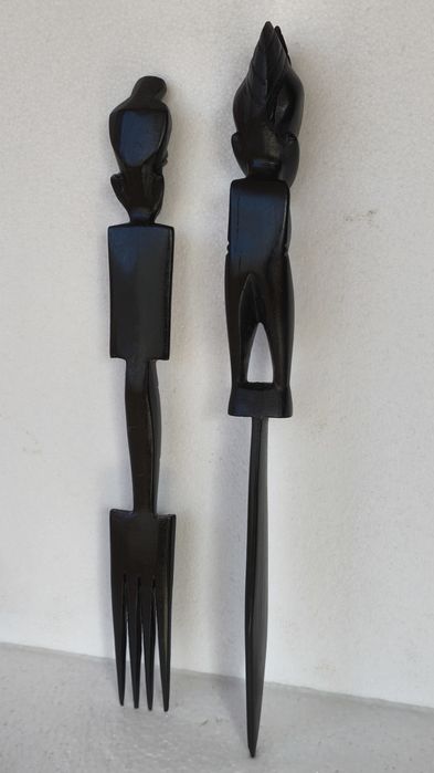 2 statuete sculptura abanos set rustic arta handmade figurine lemn