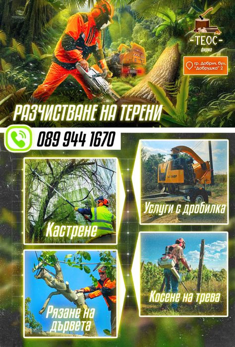 Мулчиране на терени с горски мулчер – клони, храсти и саморасли дървета, бързо почистване на запустели имоти.