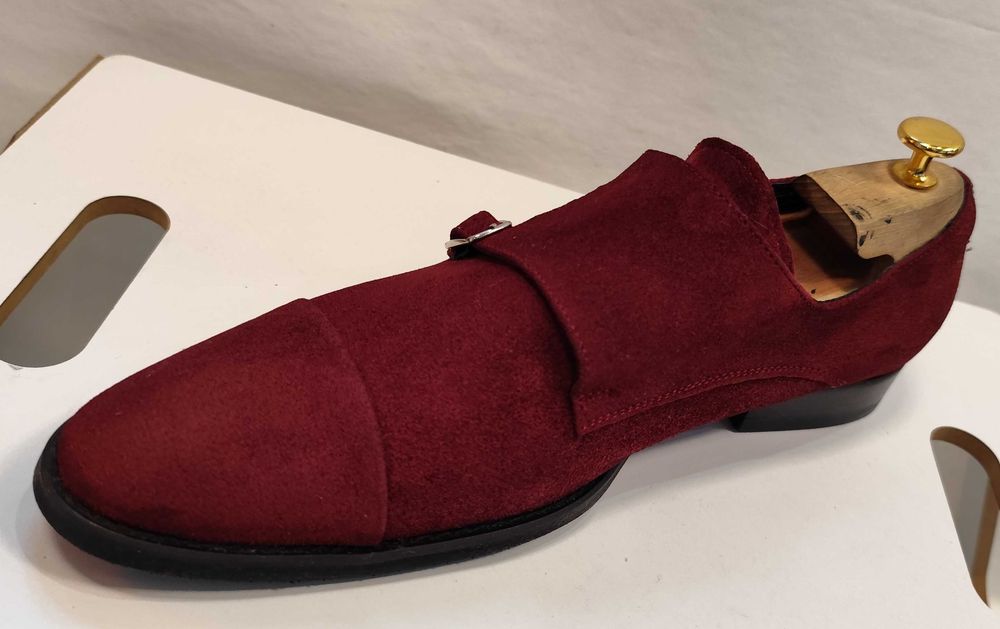 Pantofi double monk 42 42.5 de lux Lavoratione Artigianale NOI piele naturala suede rosu burgundy