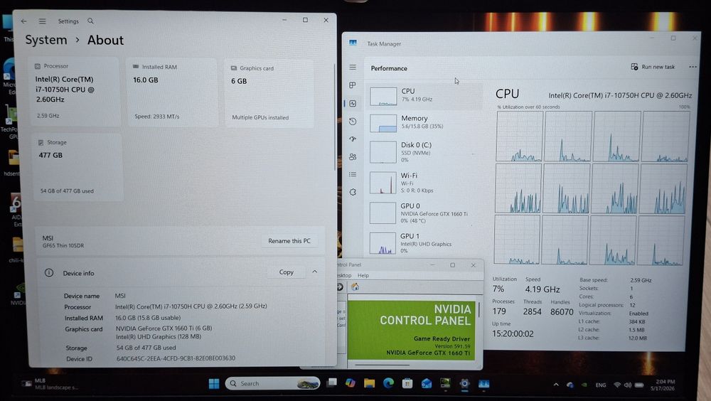 15.6' IPS 144hz MSI GF65 Core i7-10750H/GTX 1660Ti 6GB/16GB/512GB SSD