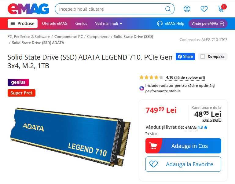 SSD ADATA Legend 710 1TB PCI Express 3.0 x4 M.2 2280 folosit putin si in stare perfecta