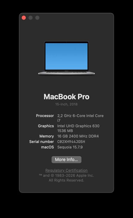 MacBook Pro 15″ (2018) — Intel Core i7, 16 GB RAM, 256 GB SSD