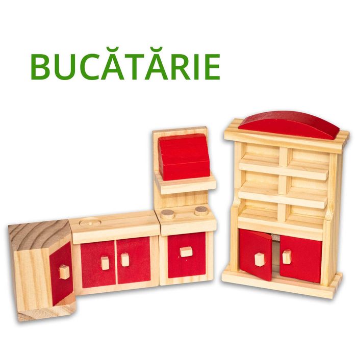 Casuta de papusi cu mobilier din lemn, asamblare fara unelte in 6 pasi