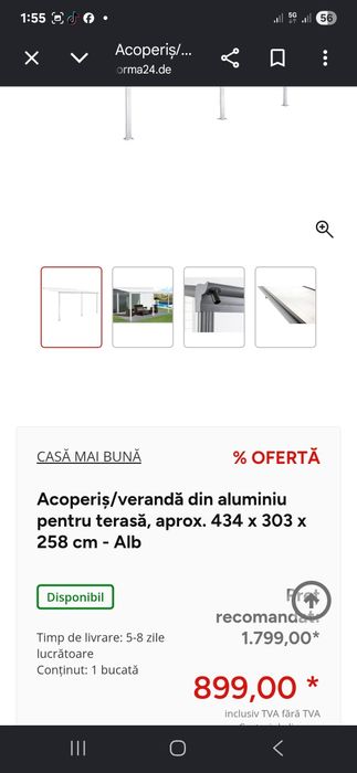 Acoperiș/verandă din aluminiu pentru terasă, aprox. 434 x 303 x 258 cm - Alb