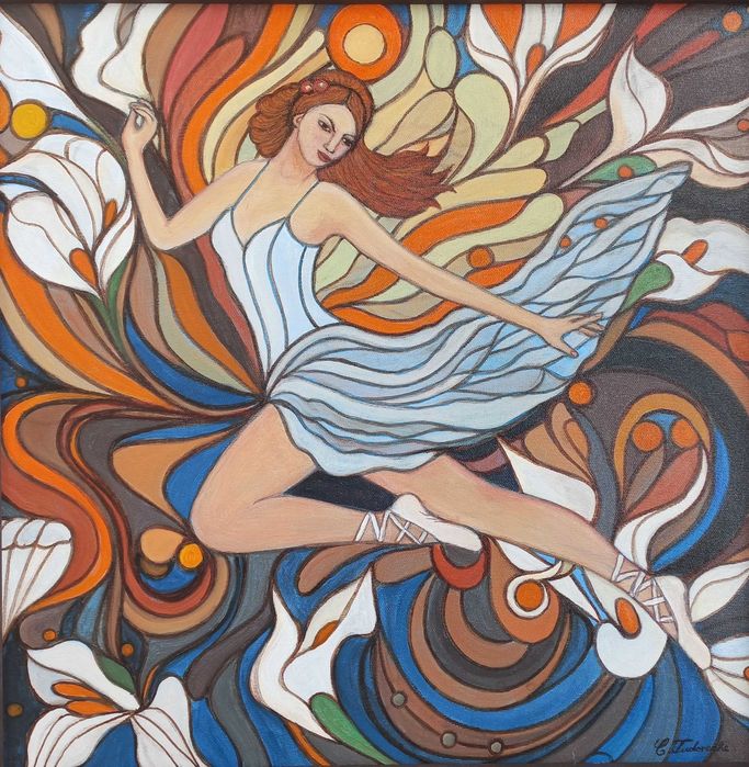 Tablou pictat manual pe pana BALERINA, 50x50 cm, rama din lemn
