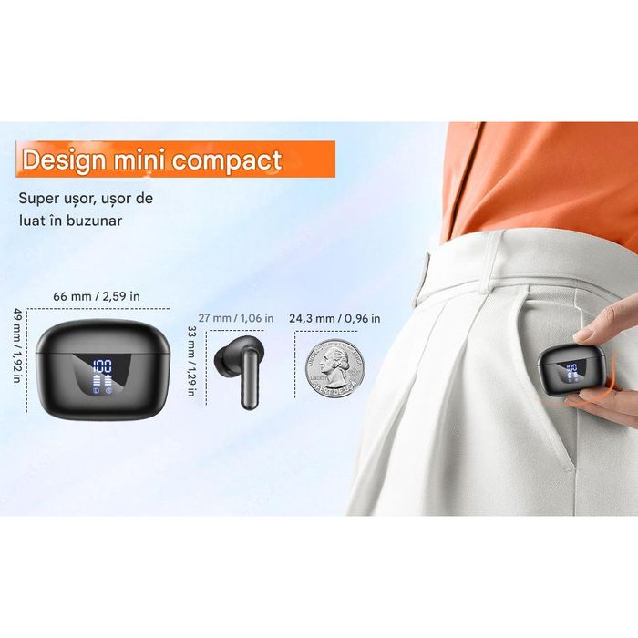 Casti Wireless TWS CerCip S42 cu izolare a zgomotului ENC+ANC, Autonomie 40 ore, Control prin Touch, Universale, Culoare Alb