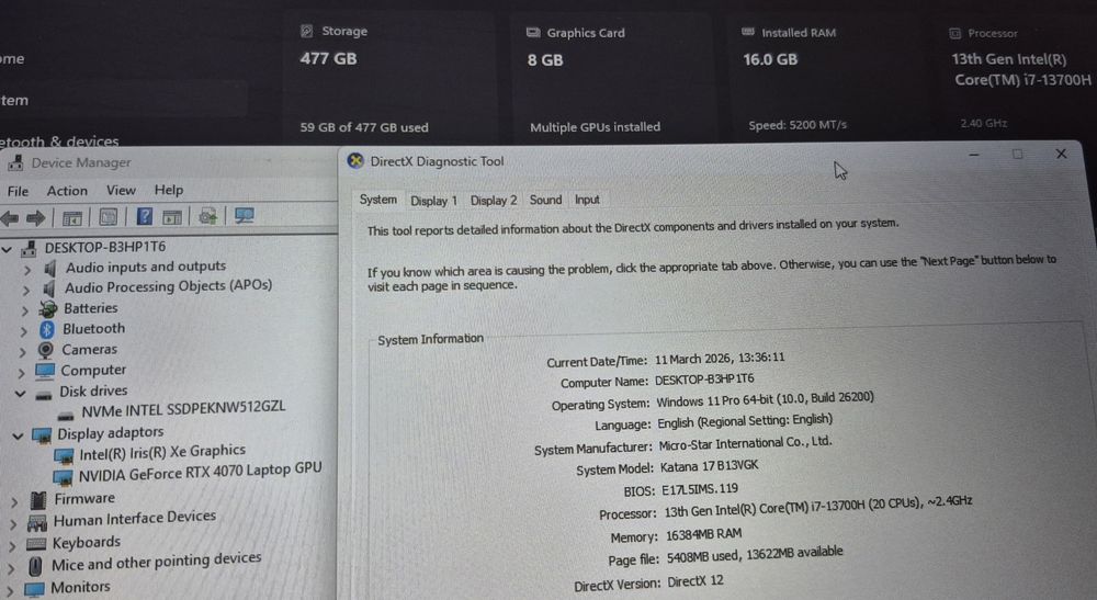 Laptop gaming MSI i7 13700H 16GB DDR5 RTX 4070 144Hz 17" FHD