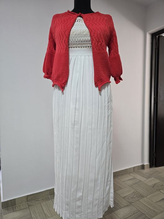 Rochie maxi cu broderie, maneci brodate ,plisata, feminina ,