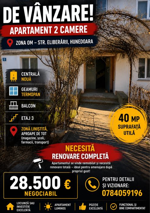 Apartament 2 camere – Zona OM, Str. Eliberării 5/2 – Etaj 3