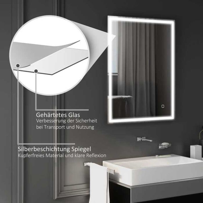 HOMCOM Огледало за баня с осветление 90x70 см LED