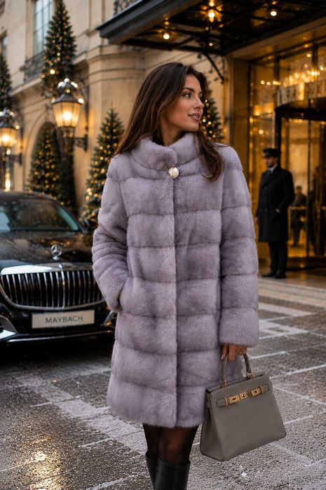 Haină de Nurcă , Vizon , Blană de Lux , Culoare Gri , Mărime L–XL Saga Mink