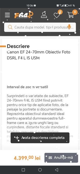 Cannon 6D Mark ii full frame+ obiectiv 24-70 F/4 L IS USM