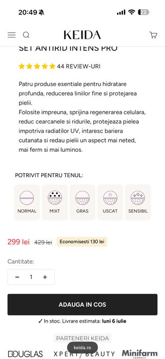 Crema hidratanta de fata, crema de ochi, crema protectie spf 50 si masca de fata Keida
