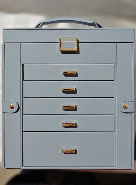 кутия за бижута 6-етажна от естествено дърво, кожа с огледало – XXL