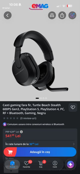 Casti gaming fara fir, Turtle Beach Stealth 600 , PlayStation 5, PlayStation 4, PC, RF + Bluetooth, Gaming, Negru