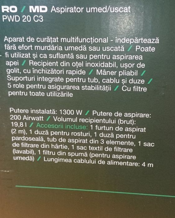 Parkside Aspirator umed- uscat , vas inox 20 l,accesorii,aspirare și suflare 

, 5 roți pentru stabilitate 
Trage și lichide 
Predare Brasov
Nu trimit
