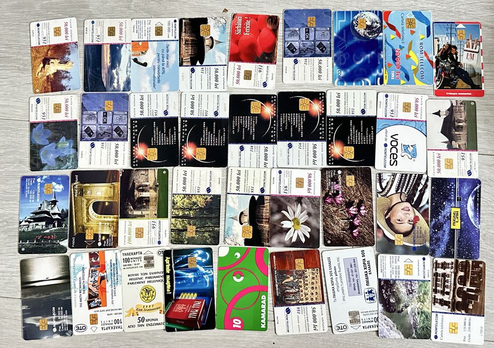 68 cartele telefonice de colecție Romania, Romtelecom, OTE, BCR, Grecia – anii ’90–2000
