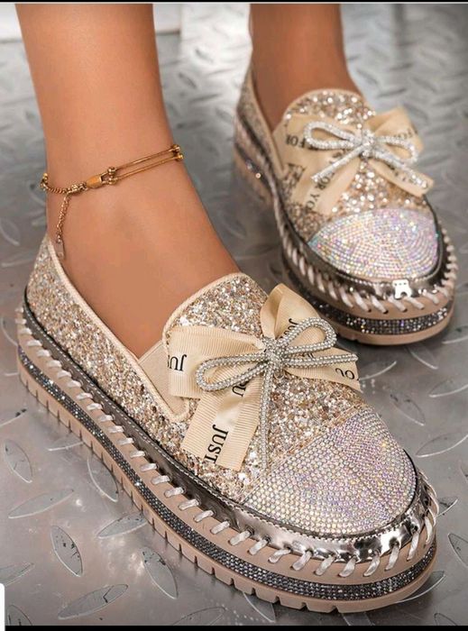 Mocasini/Tenisi de Damă Noi, cu Sclipici și Fundă - Mărimea  39 (38)