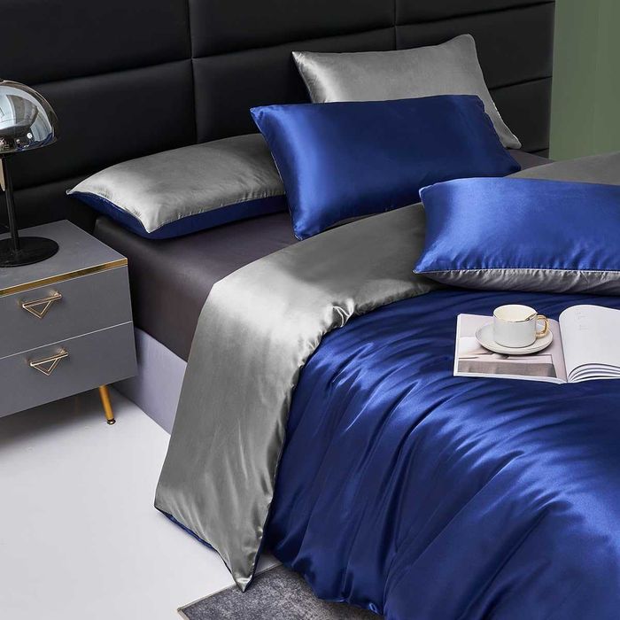Спален комплект сатен, различни размери, синьо-сив, 2 калъфки за 65х65