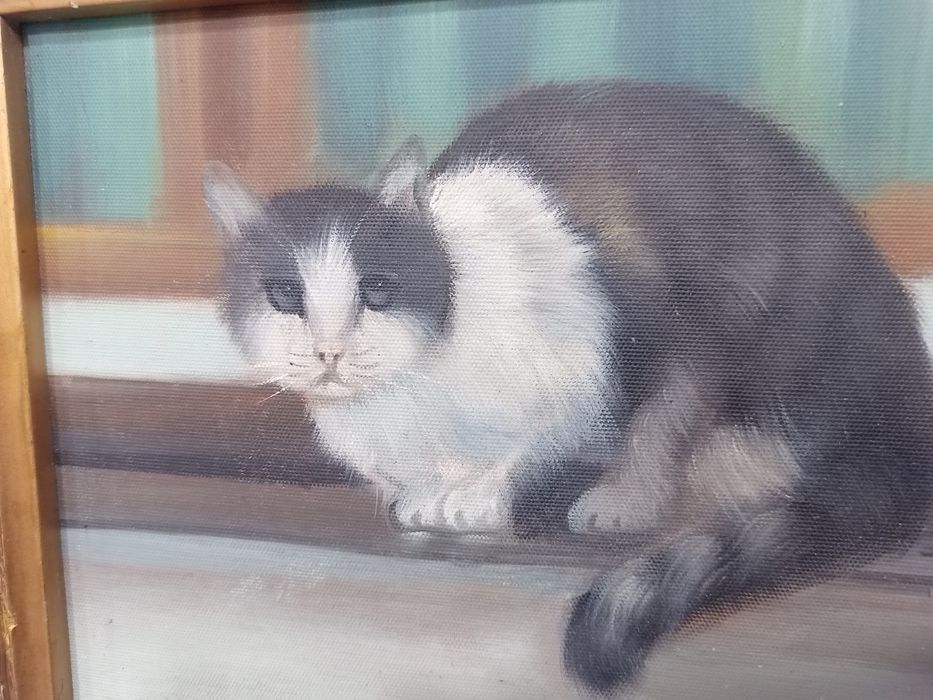 автентична западноевропейска картина с котка 37х32 см