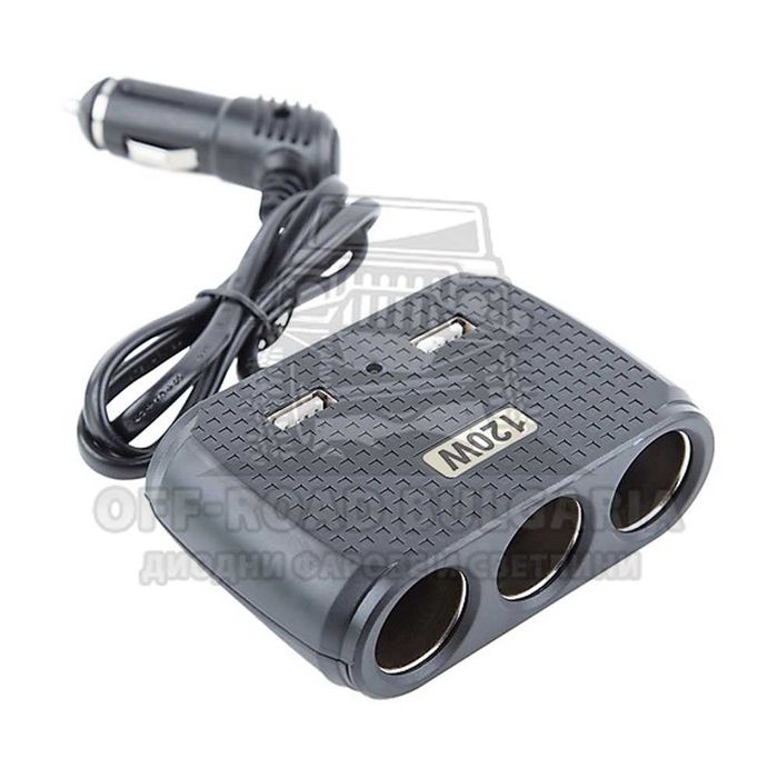 Разклонител за запалка 3 гнезда, 2 USB 12-24V