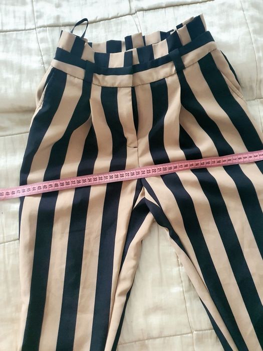 New Look Petite XXS XS pantaloni 3/4 cu dungi talie înaltă bej negru skinny noi